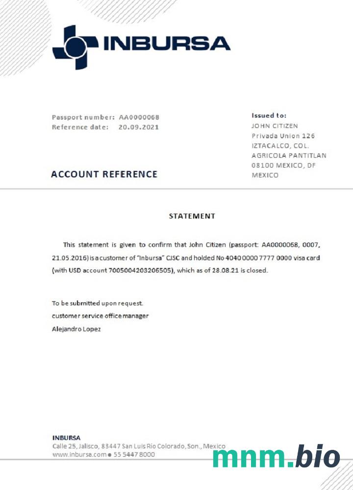 Przykład zamknięcia banku w Meksyku Inbursa w formatach Word i PDF